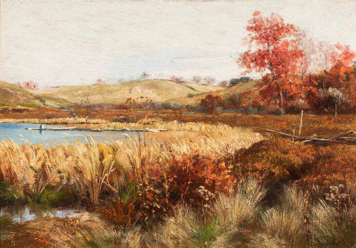 Painting of a small pond surrounded by reeds and small bushes